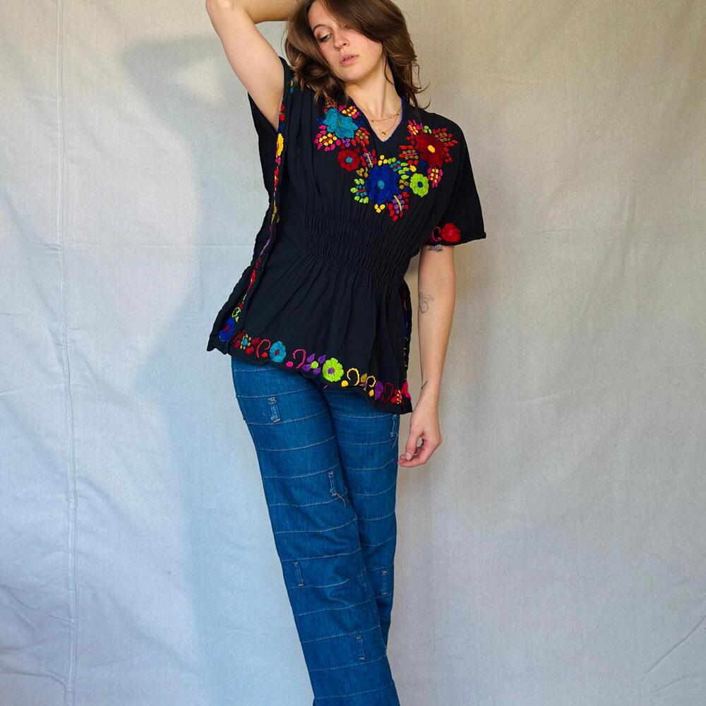 Black Hand Embroidered Peasant Blouse